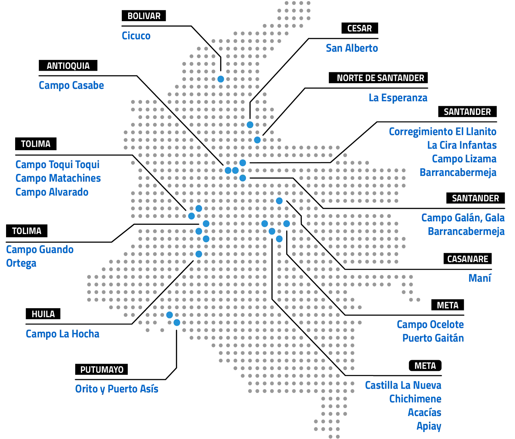 Mapa de ubicación de equipos de Braserv Petróleo en Colombia